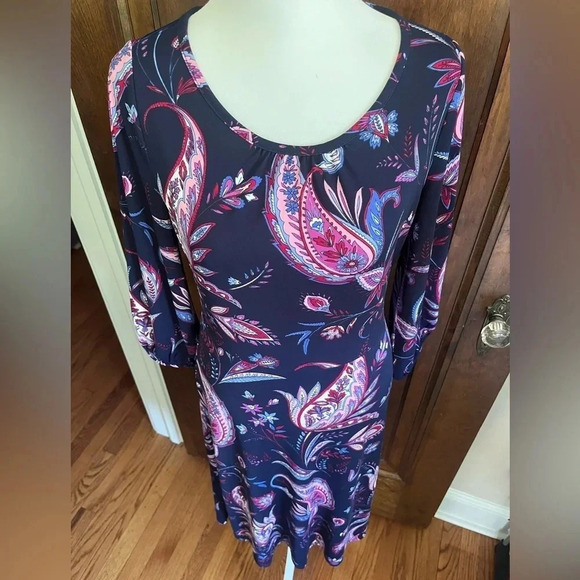 NWOT Talbots Navy and Pink Paisley Fit and Flare Dress Women Size 4 Peti… - Picture 2 of 9